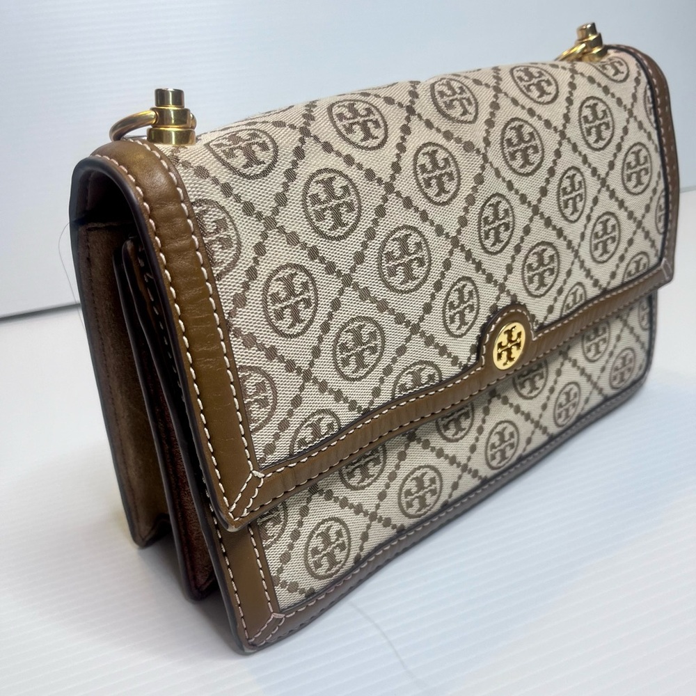 Tory Burch Beige and Brown Logo Canvas Shoulder Bag